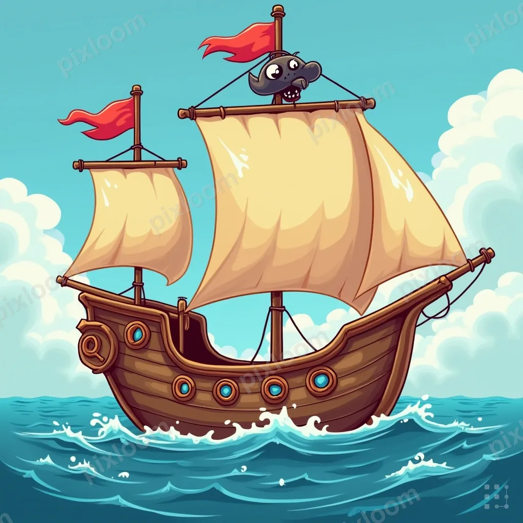 Cartoon pirate ship on sparkling ocean, colorful sails, trea