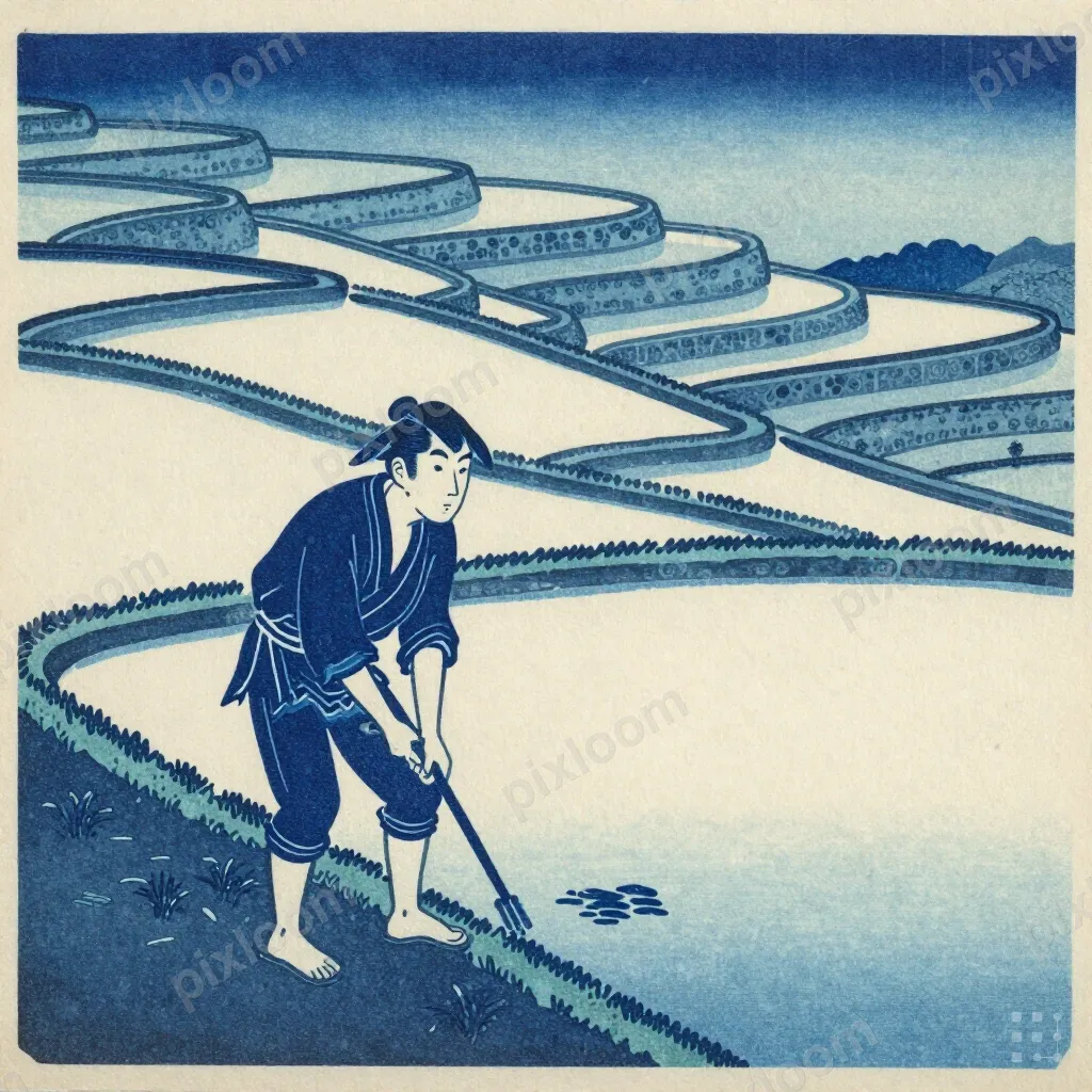 Woodblock print of a traditional farmer working terraced ric