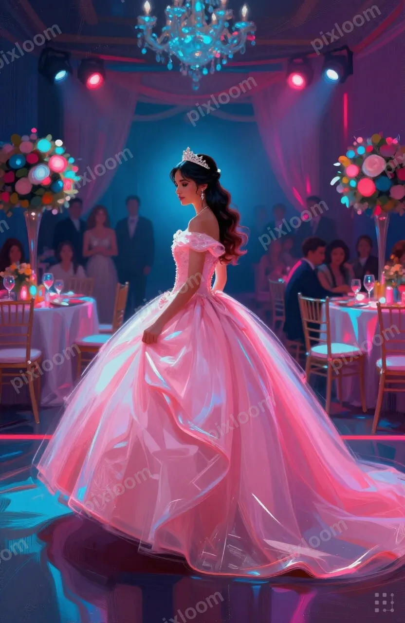 Quinceanera celebration, girl in flowing pink dress, decorat