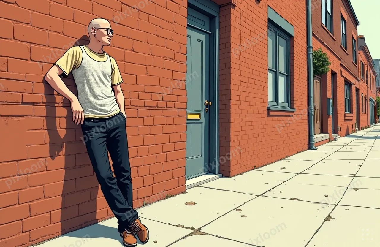 An urban street scene with a man leaning against a brick wal
