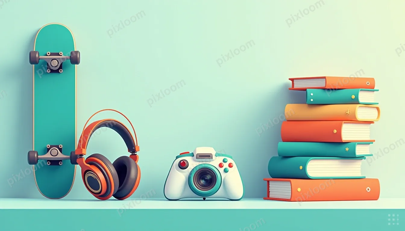 Vector flat illustration of teen activities — skateboard, he