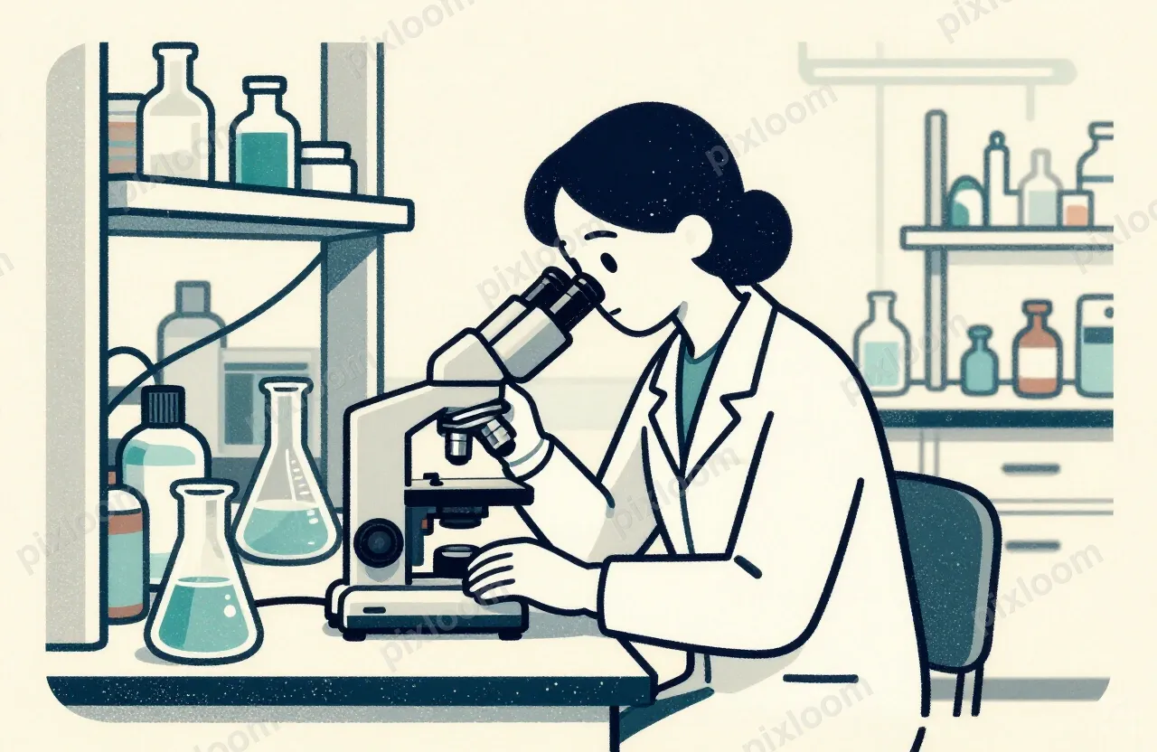 A woman in a lab coat sits at a laboratory bench, looking in
