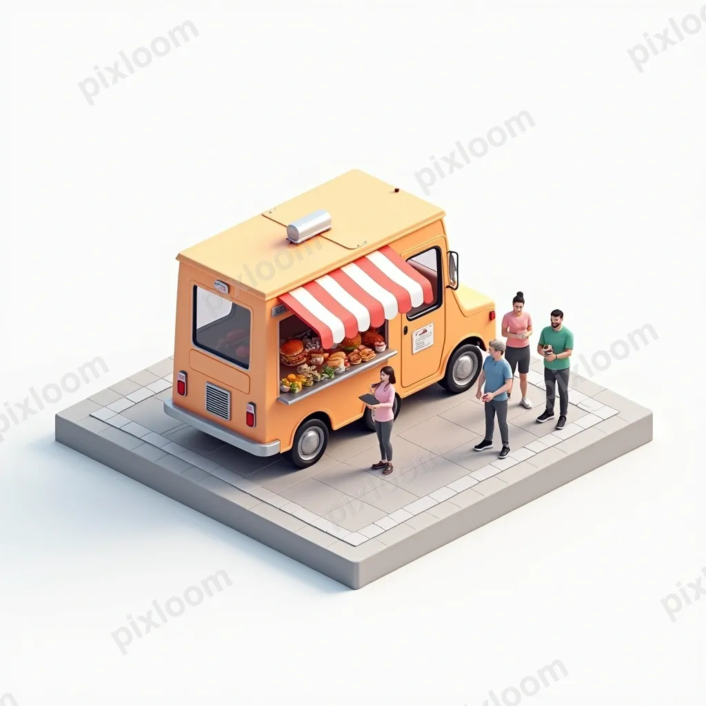 Isometric food truck with detailed interior — grill, condime
