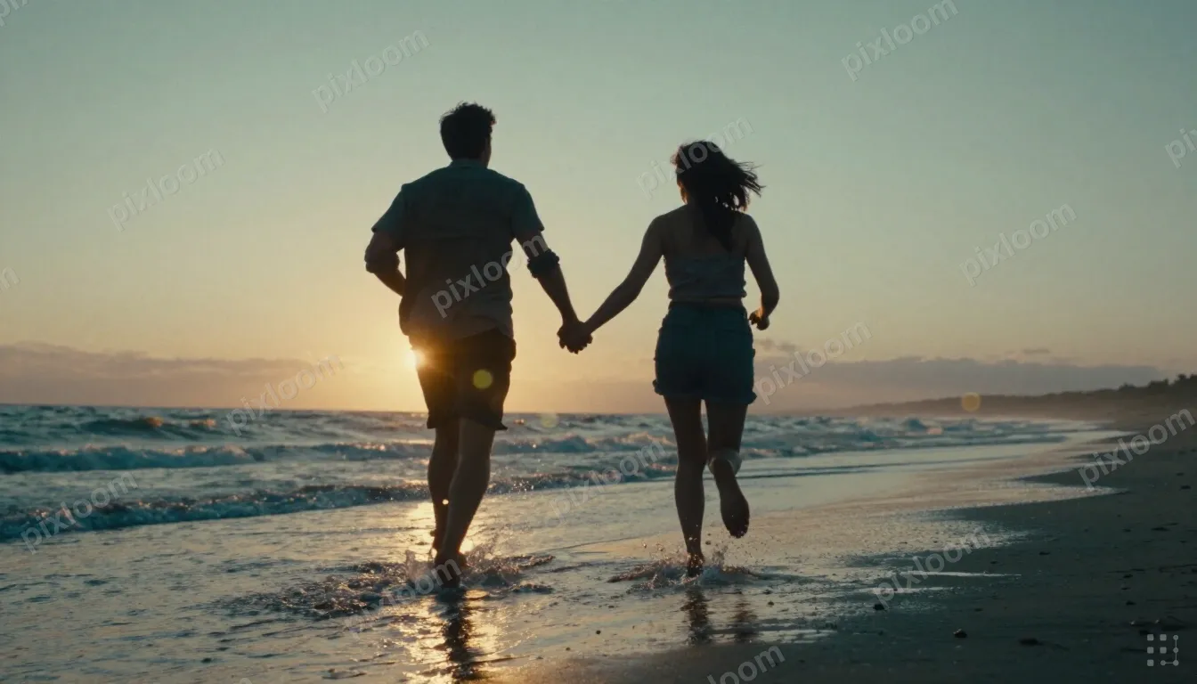 A man and a woman run hand-in-hand along a wet beach at suns
