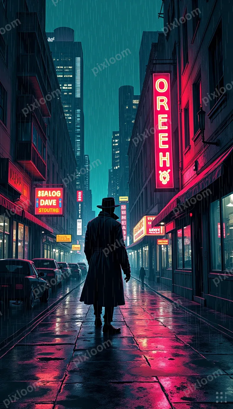 Pulp comic noir scene — detective in trench coat on a rain-s