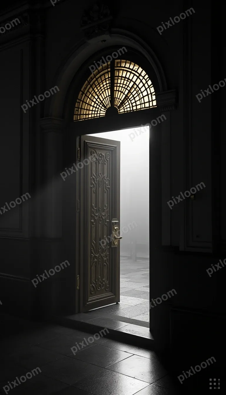 Art deco building entrance with golden details, ornate doorw