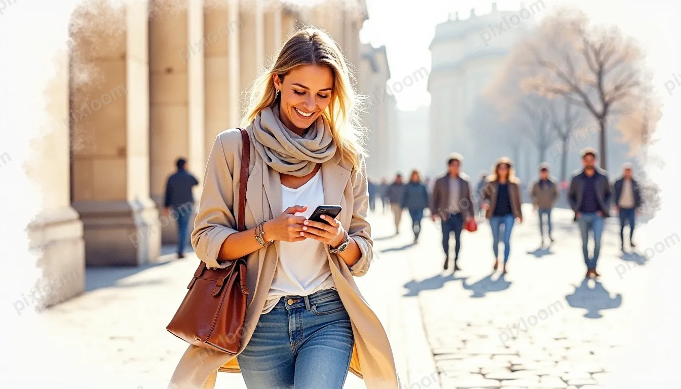 A smiling woman walks through a city square, looking at her 