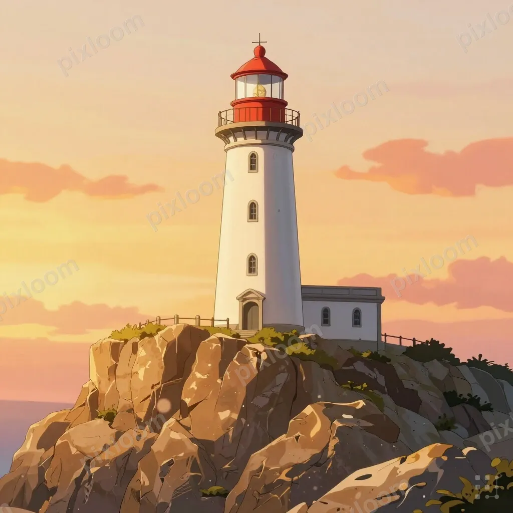 a lighthouse on a rocky cliff at golden hour