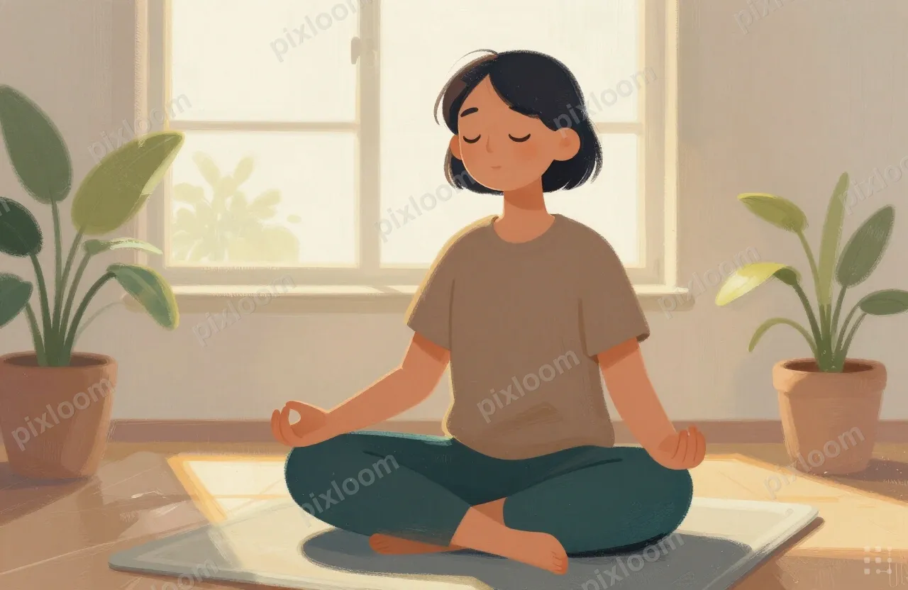 Person meditating in a bright room, cross-legged on cushion,