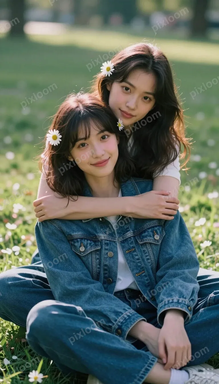 Two women sit close on the grass in a park. The front woman 