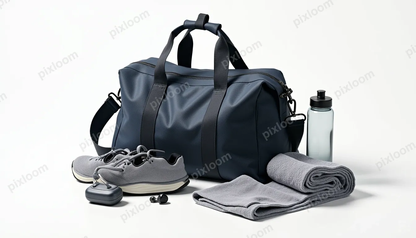 Product shot of a premium gym bag with gear spilling out — s