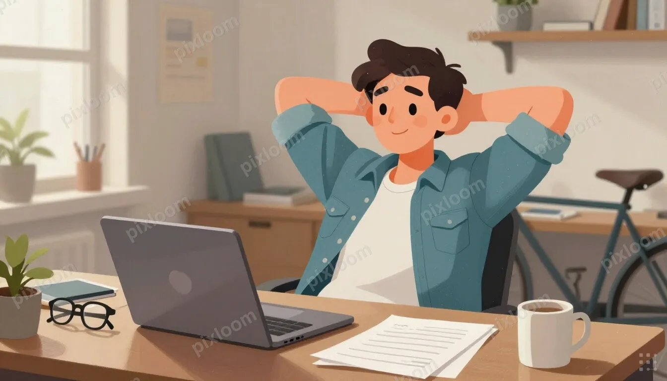 Man sits at a cluttered office desk, arms behind his head, s