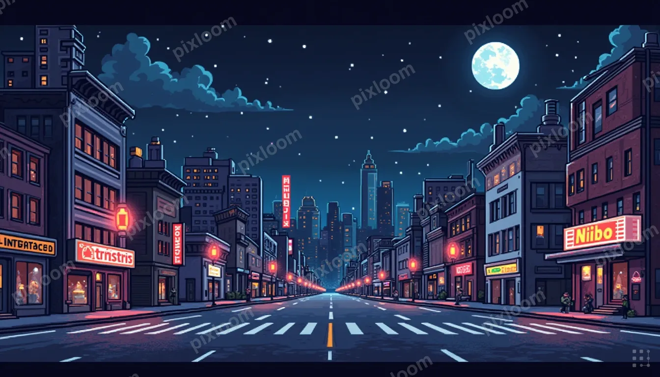 Pixel art cityscape with retro buildings, neon signs, moon a
