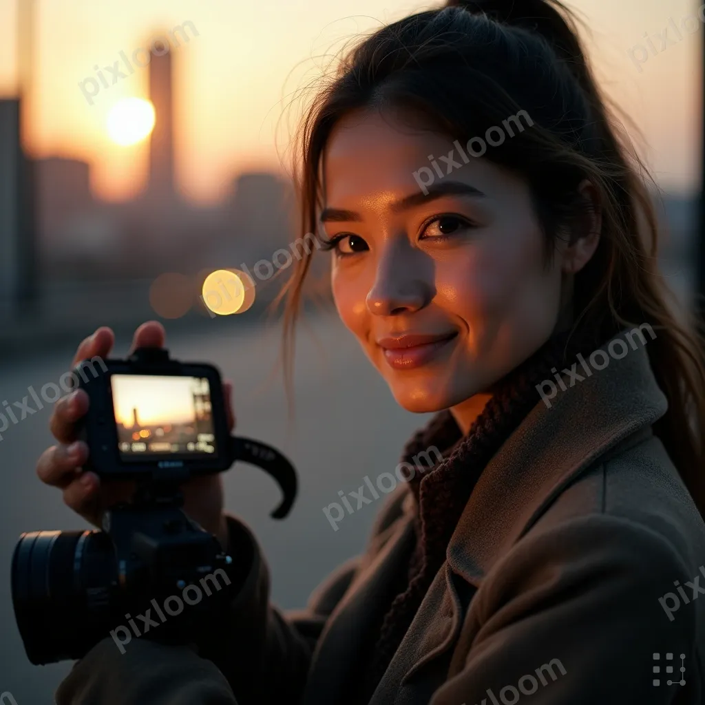 Photographer reviewing shots on camera screen, urban backdro