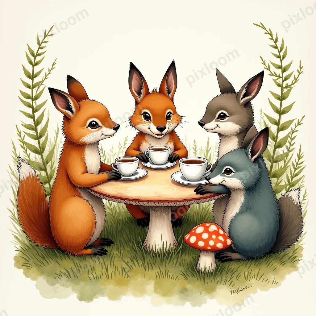 Storybook illustration of forest animals having a tea party,