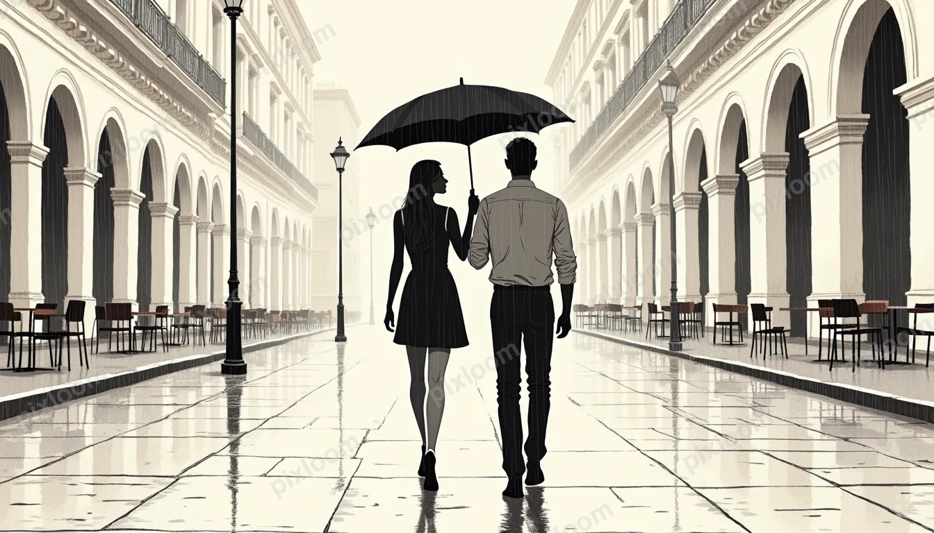 Two people walk on a rainy city street under a large umbrell