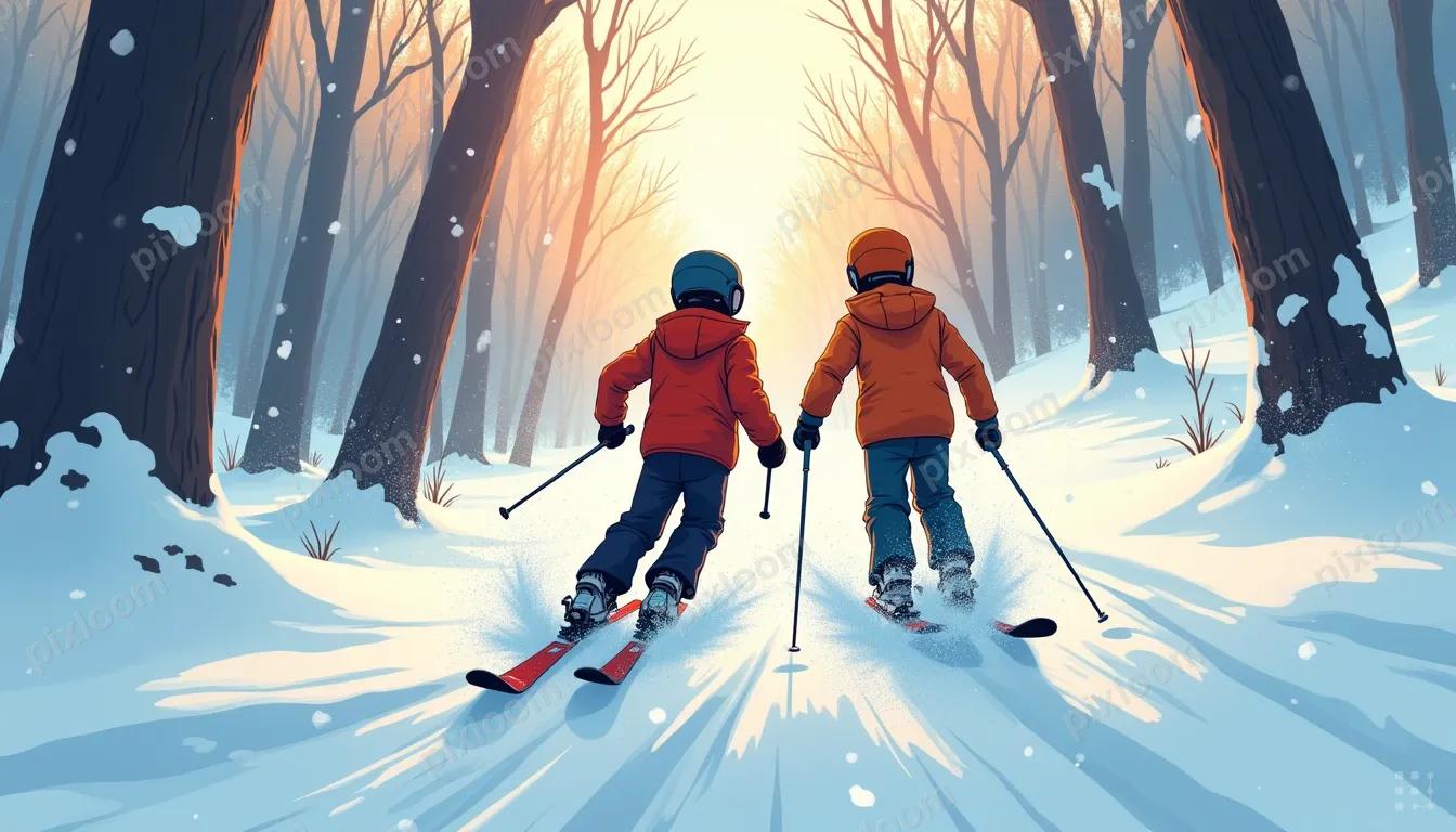 Rear view of a man and a boy skiing downhill through fresh p