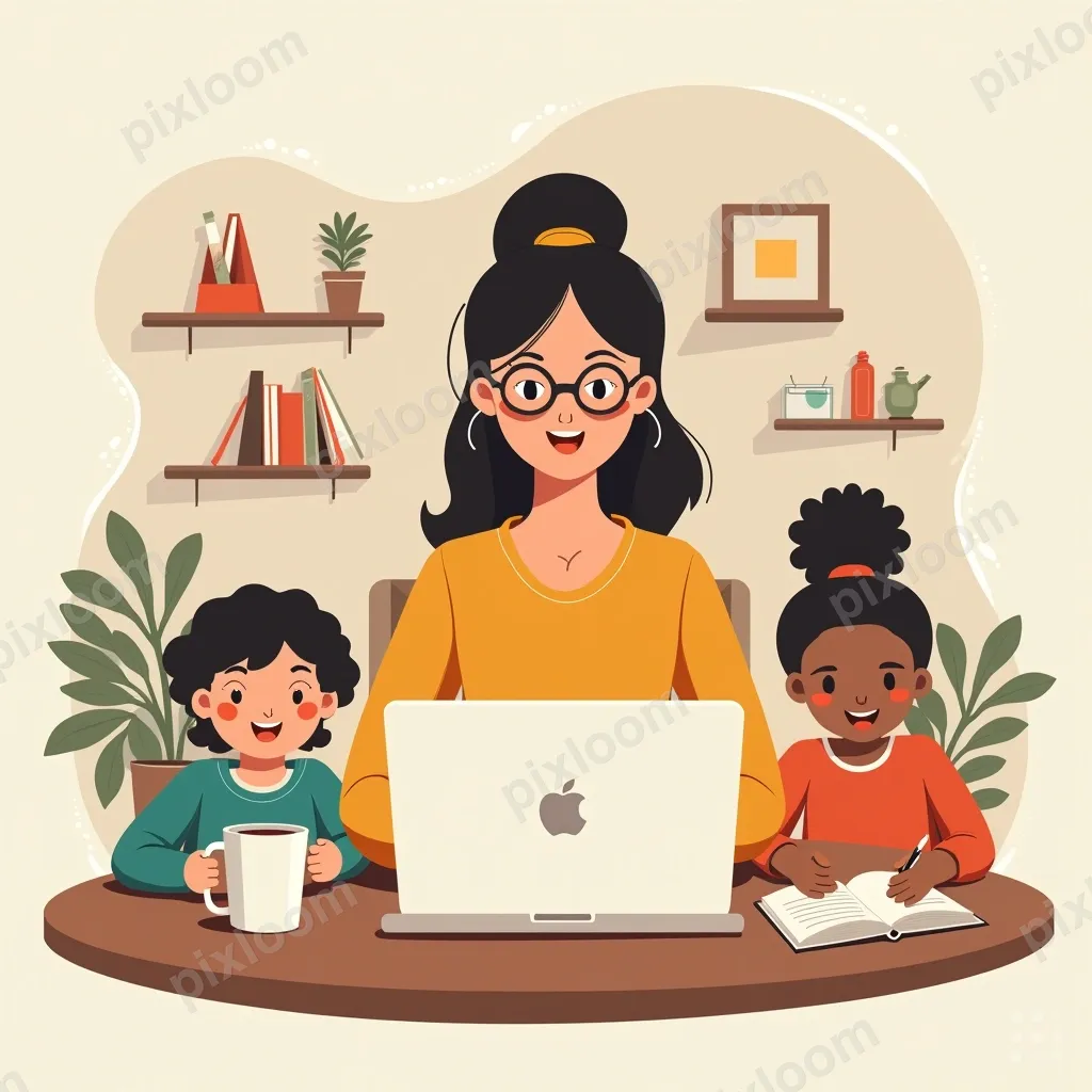 Modern illustration of a parent working from home with kids 