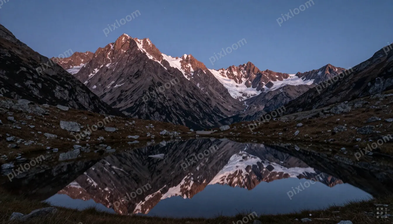 Photorealistic alpine mountain at dusk, mirror lake reflecti