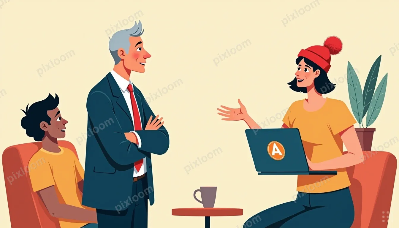 An older man in a suit stands with arms crossed and a stern 