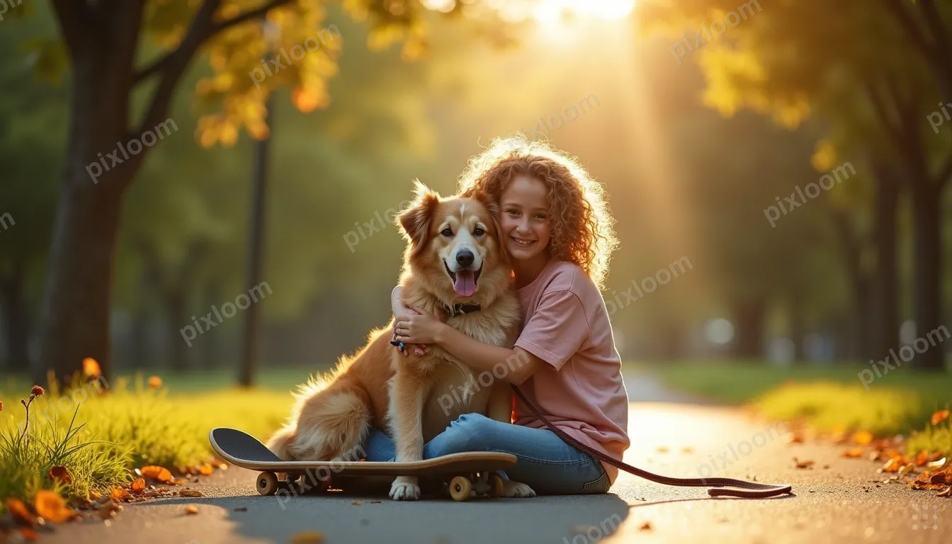 A girl with curly hair sits on a paved path, hugging a mediu