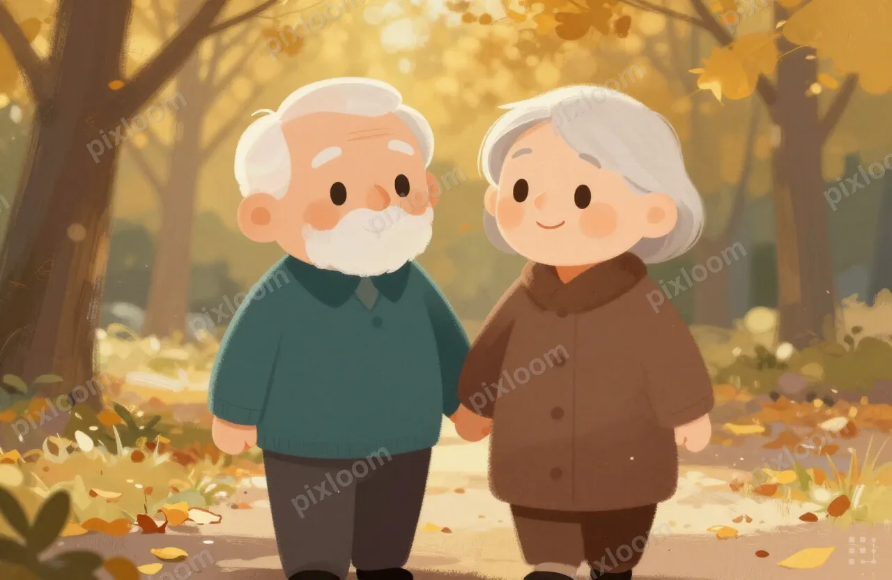 Elderly couple walking hand-in-hand in a park, autumn leaves