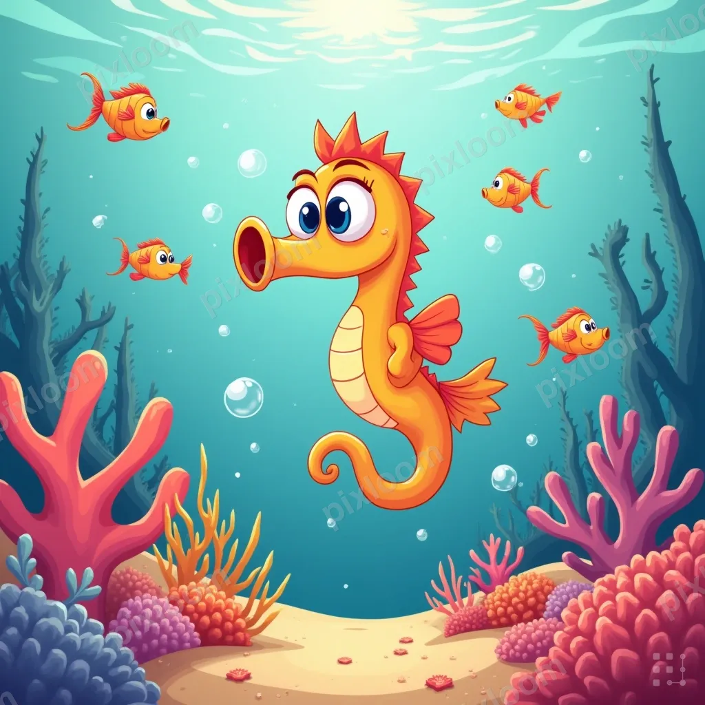 Cartoon underwater coral garden with colorful fish, seahorse