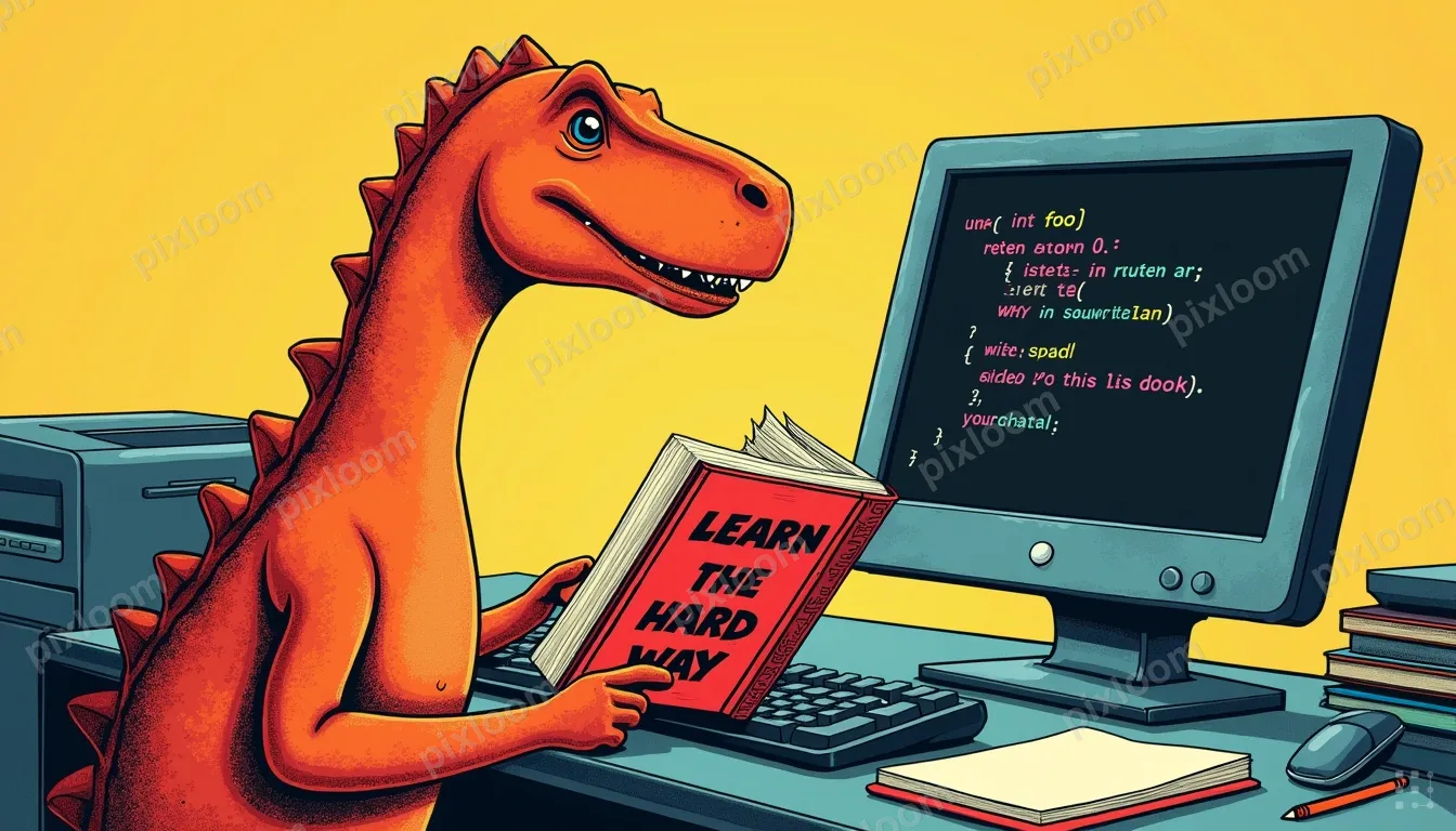 An orange dinosaur sits at a desk, reading a book titled LEA