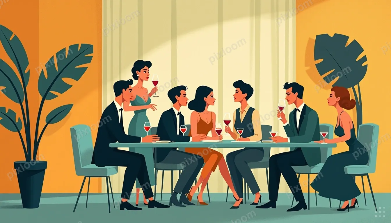 Retro editorial illustration of a cocktail party, mid-centur