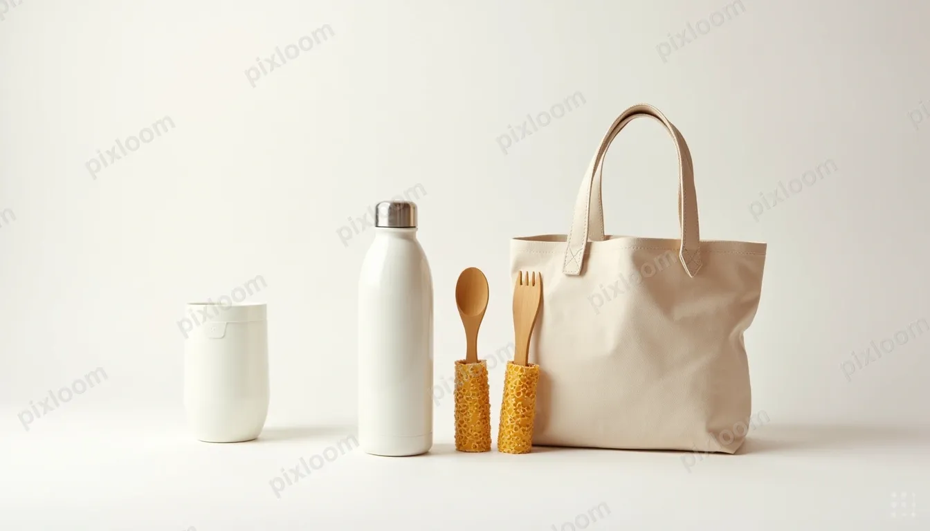 Product shot of reusable everyday items — water bottle, tote