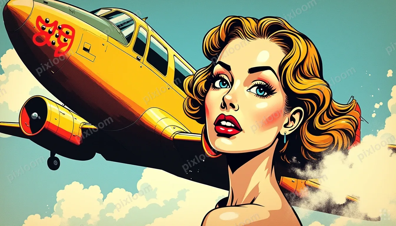 Pop art vintage airplane, bold retro colors, speed lines, cl