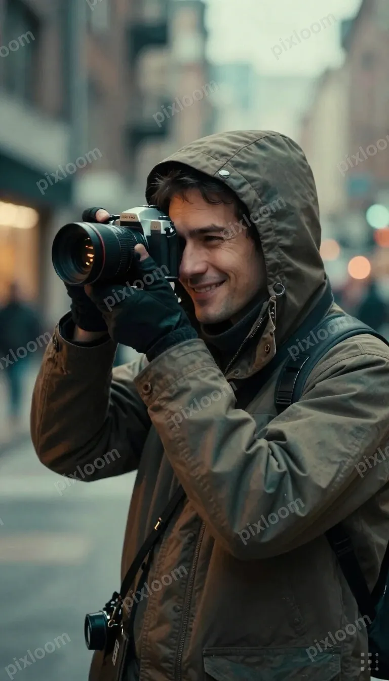 A man in a heavy hooded jacket and gloves holds a camera to 