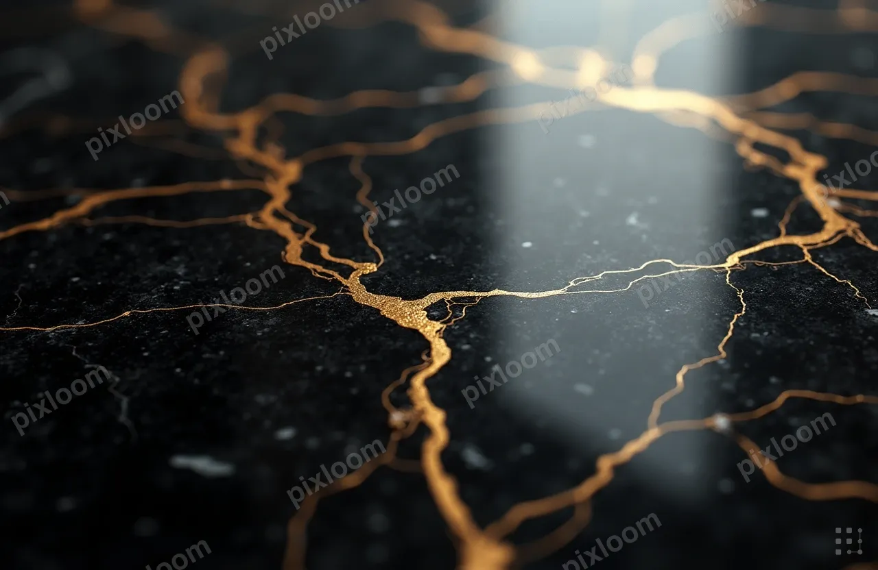 Black marble surface with dramatic gold veining, polished re