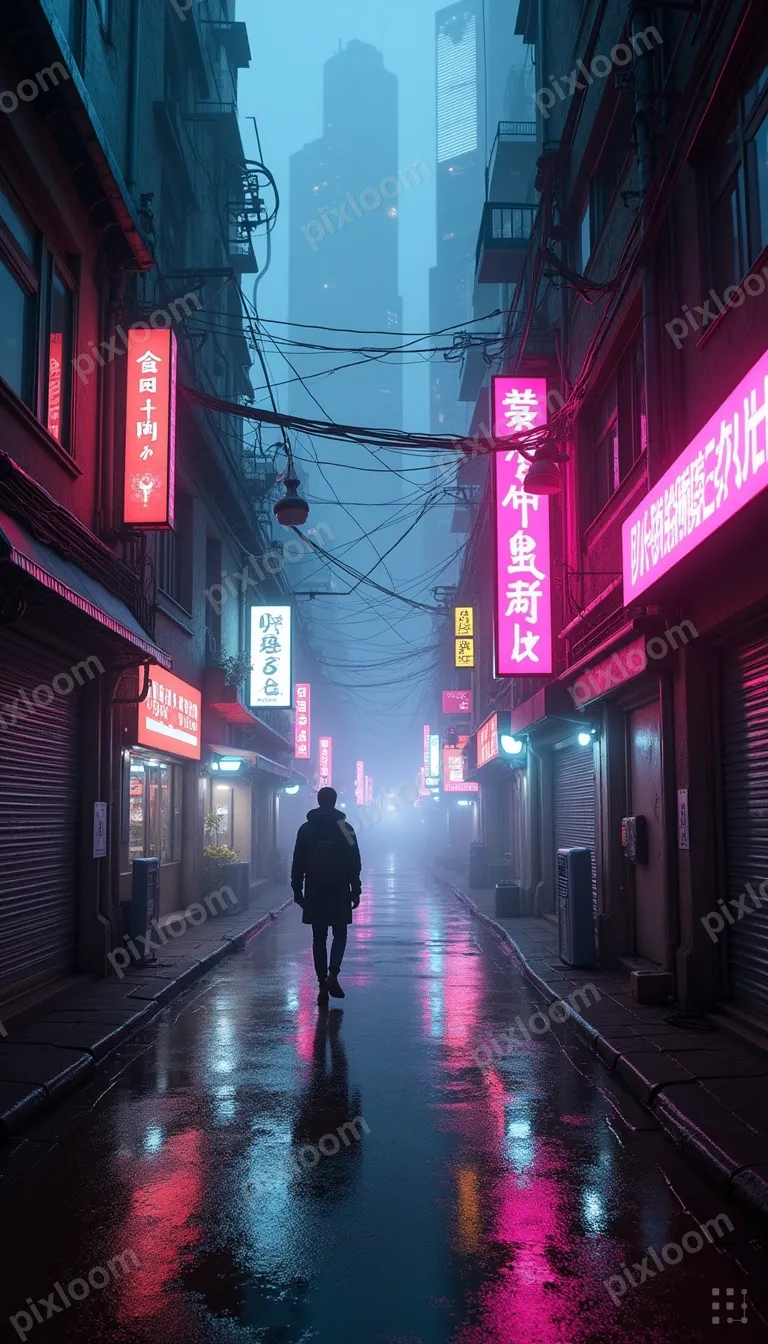 Cyberpunk neon-lit alley in a futuristic Asian city, rain, h