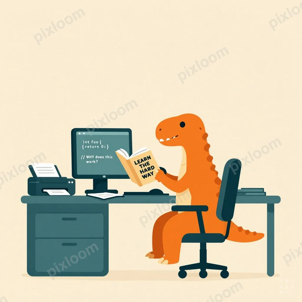 An orange dinosaur sits at a desk, reading a book titled LEA