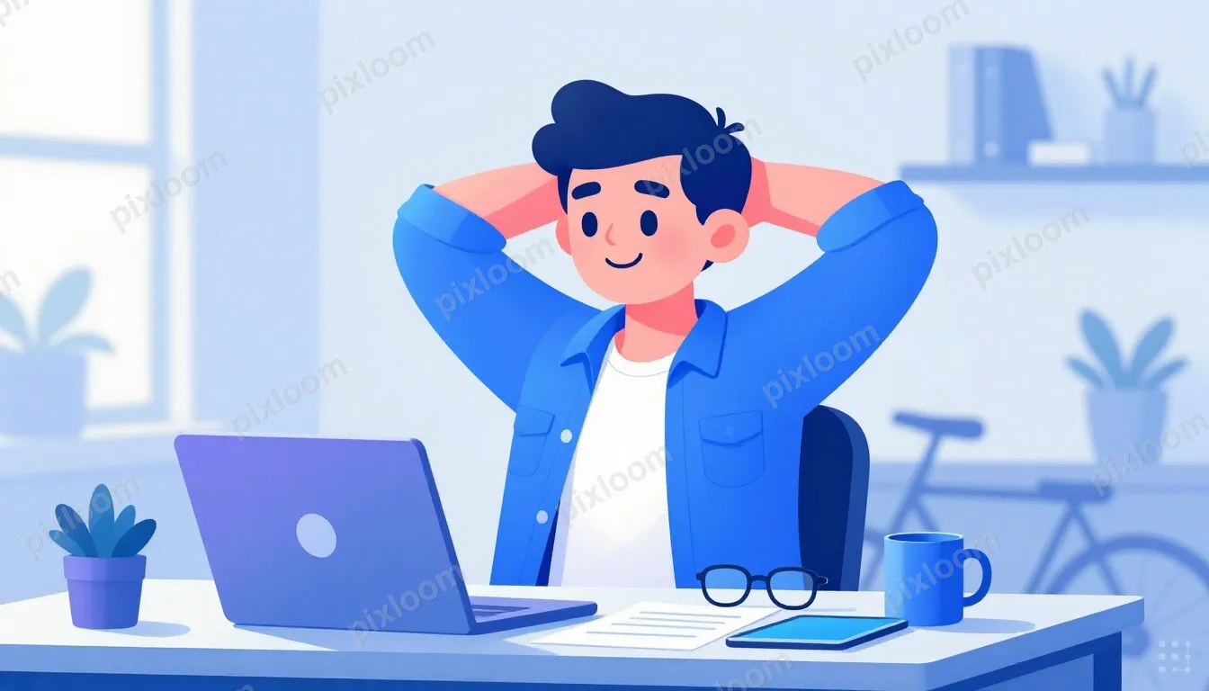 Man sits at a cluttered office desk, arms behind his head, s