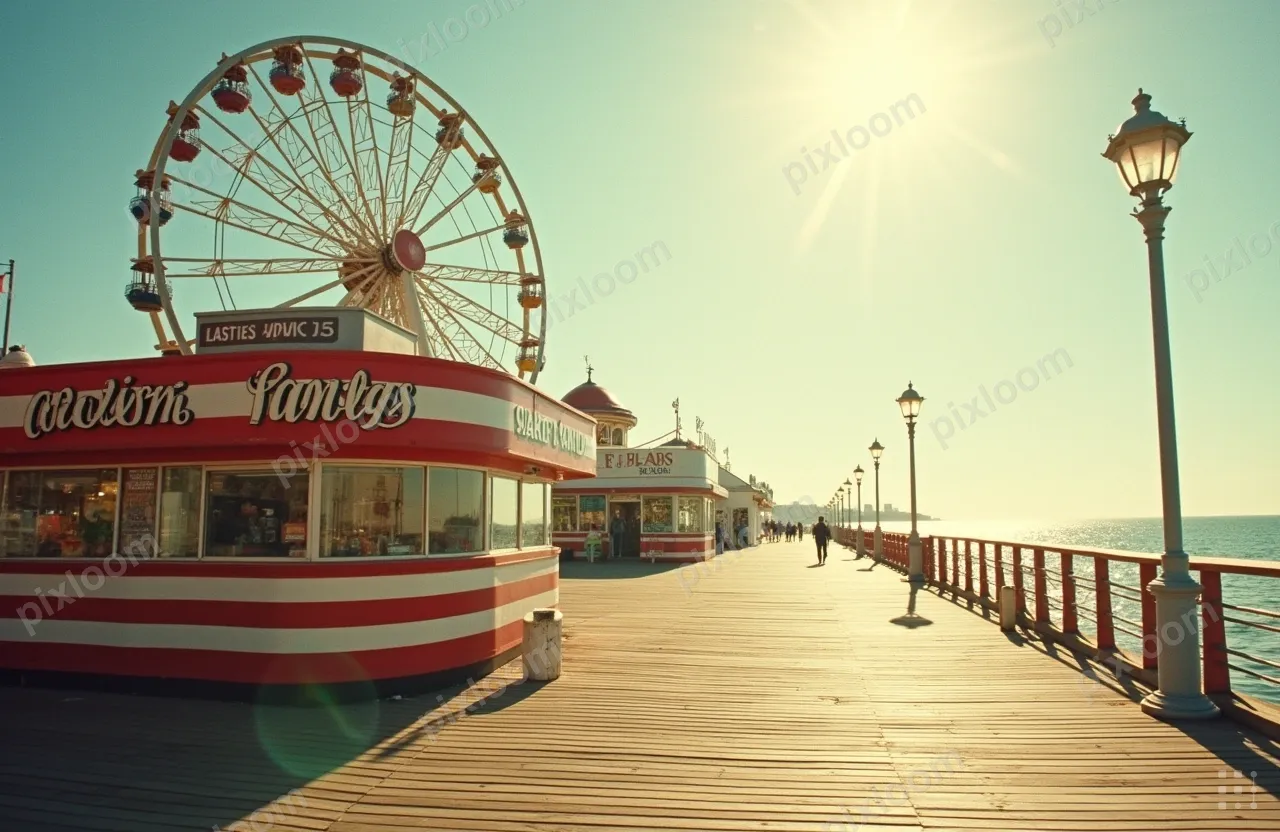 Vintage postcard of a seaside boardwalk, ferris wheel, cotto