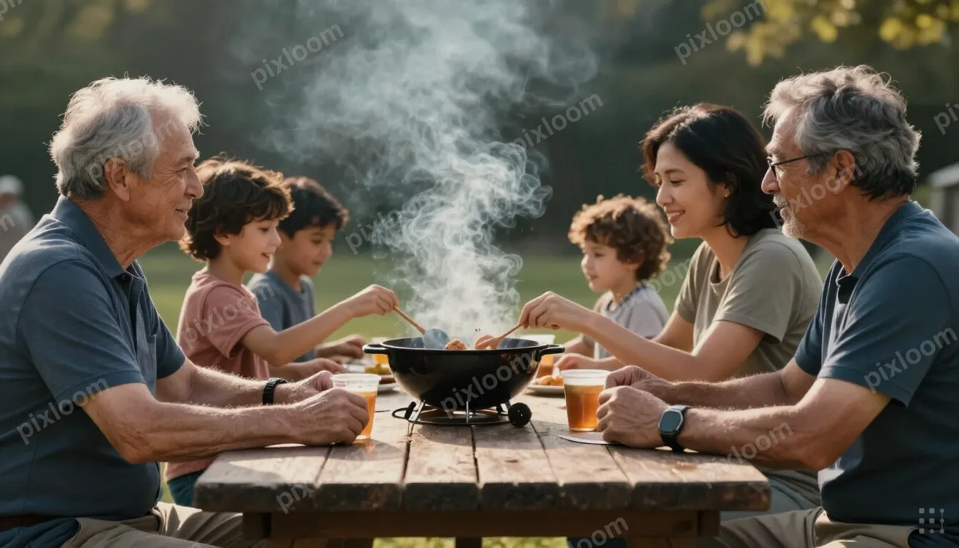 Family reunion barbecue, three generations, picnic tables, c