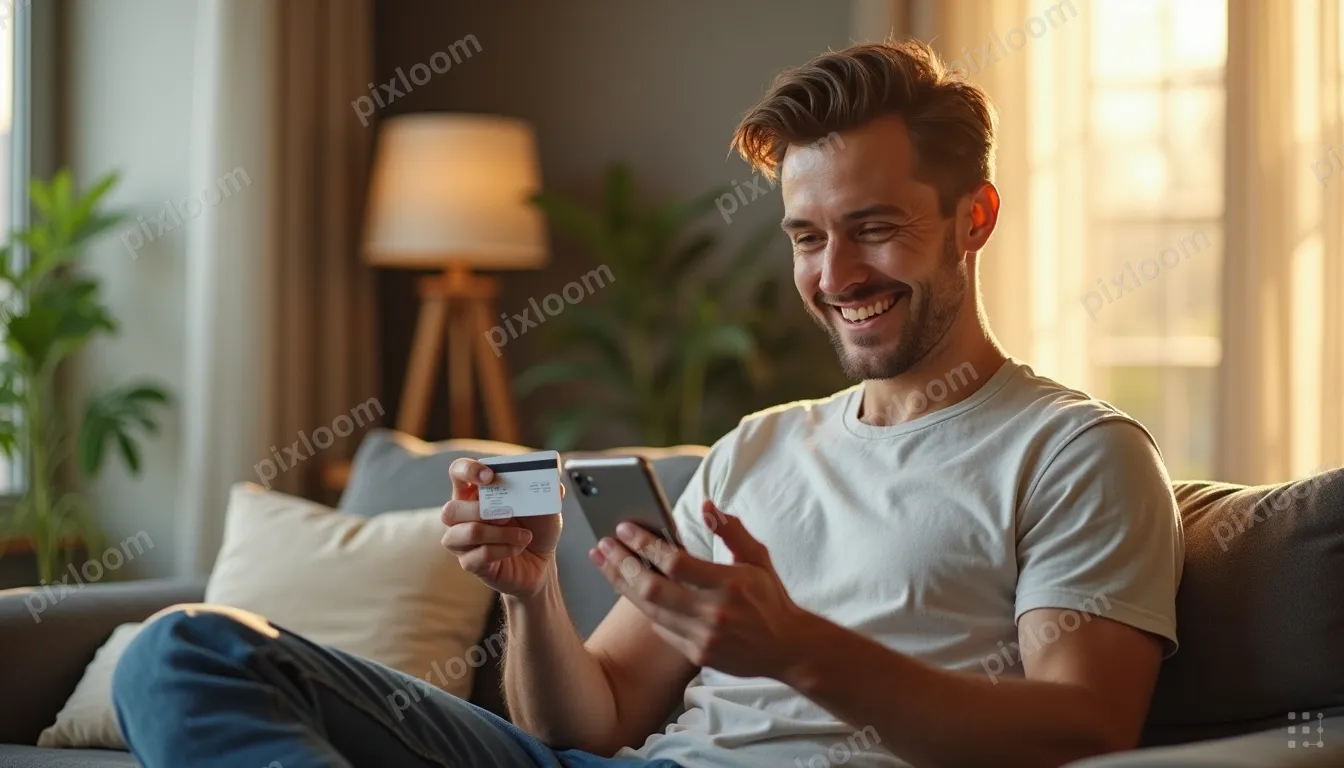 A man sits on a sofa in a living room, smiling as he holds a