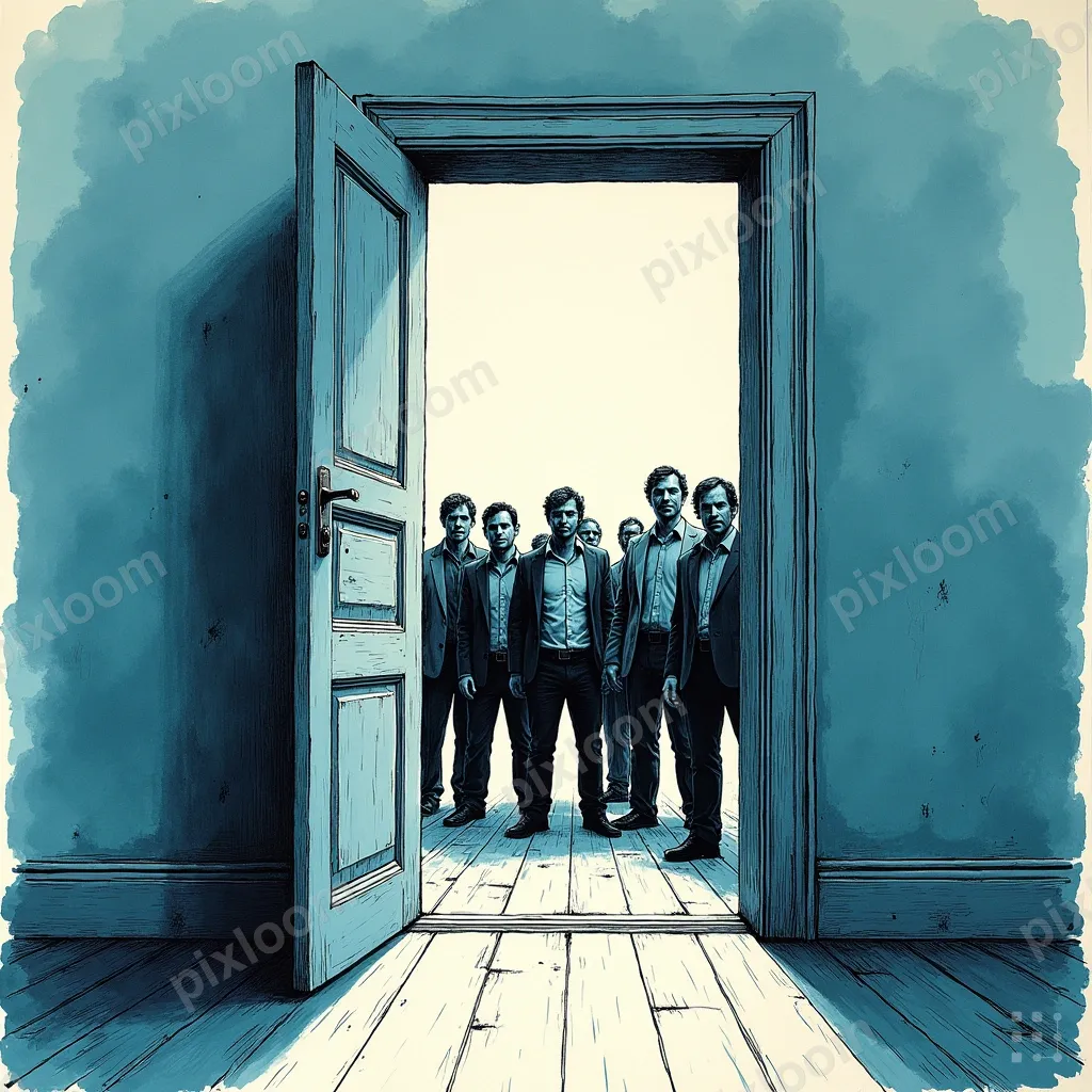 Pulp comic scene of a surprise party reveal, door swinging o