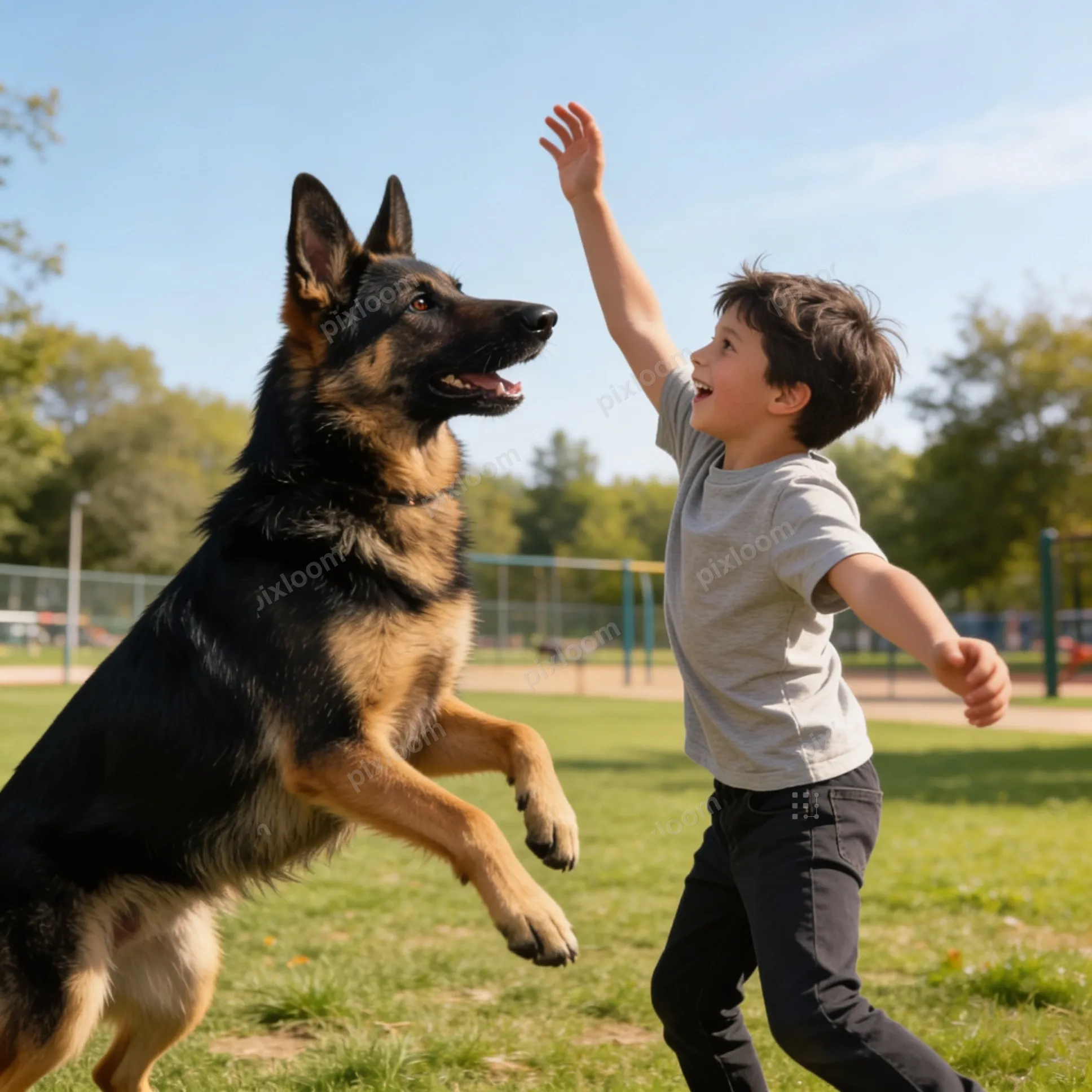 kid playing with a German Shepherd in a dog park. The German