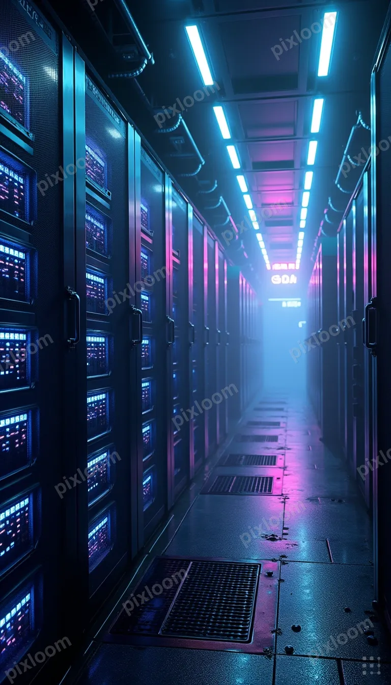 Server room with blue-lit racks, neatly bundled cables, LED 