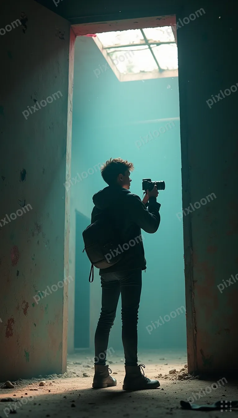 Teen photographer exploring an abandoned building, camera in