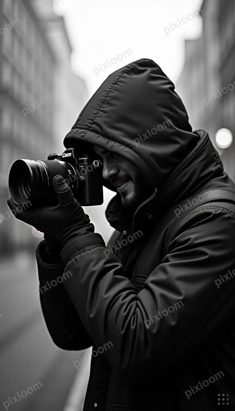A man in a heavy hooded jacket and gloves holds a camera to 