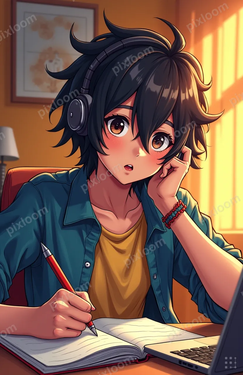 Teenager doing homework at a desk, headphones on, notebook a