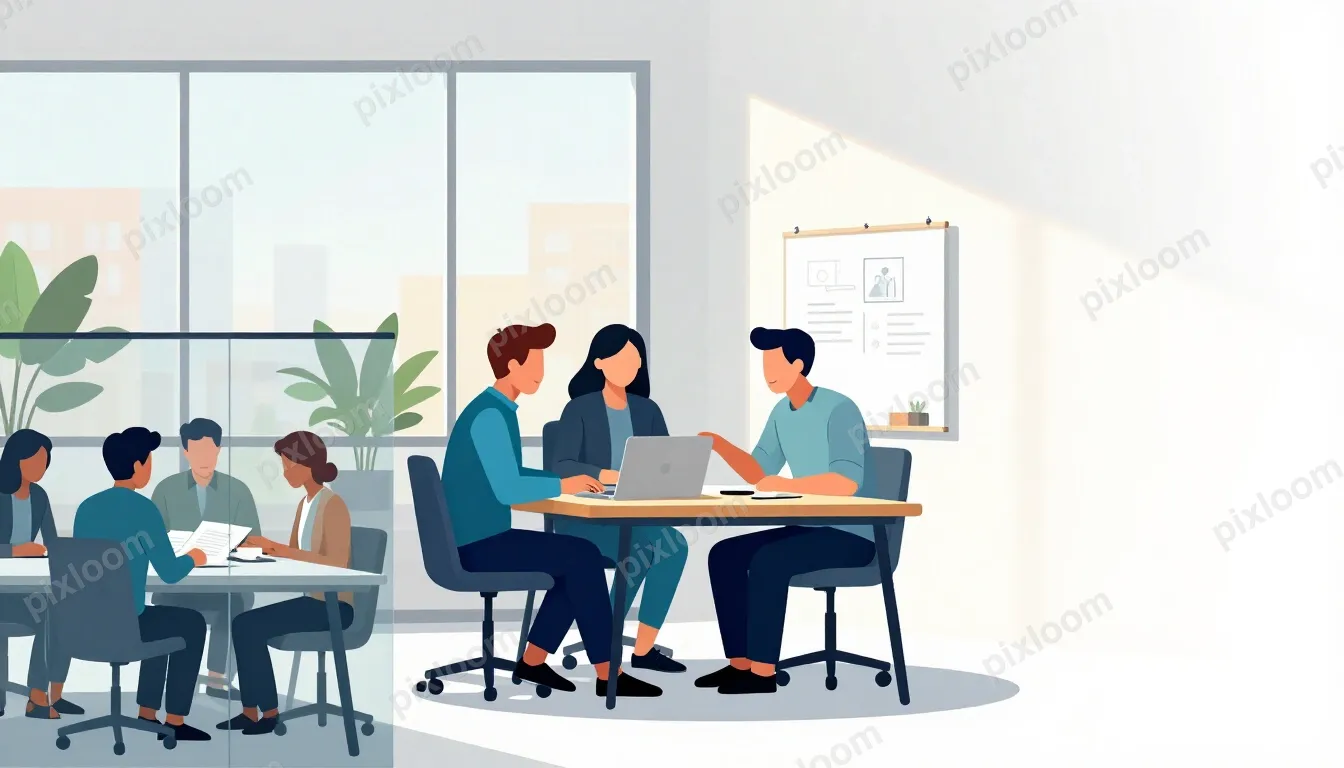 A bright, modern open-plan office, shot in natural daylight.