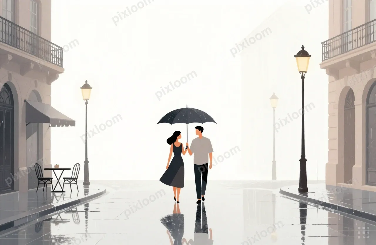 A romantic rainy city street with two people strolling benea
