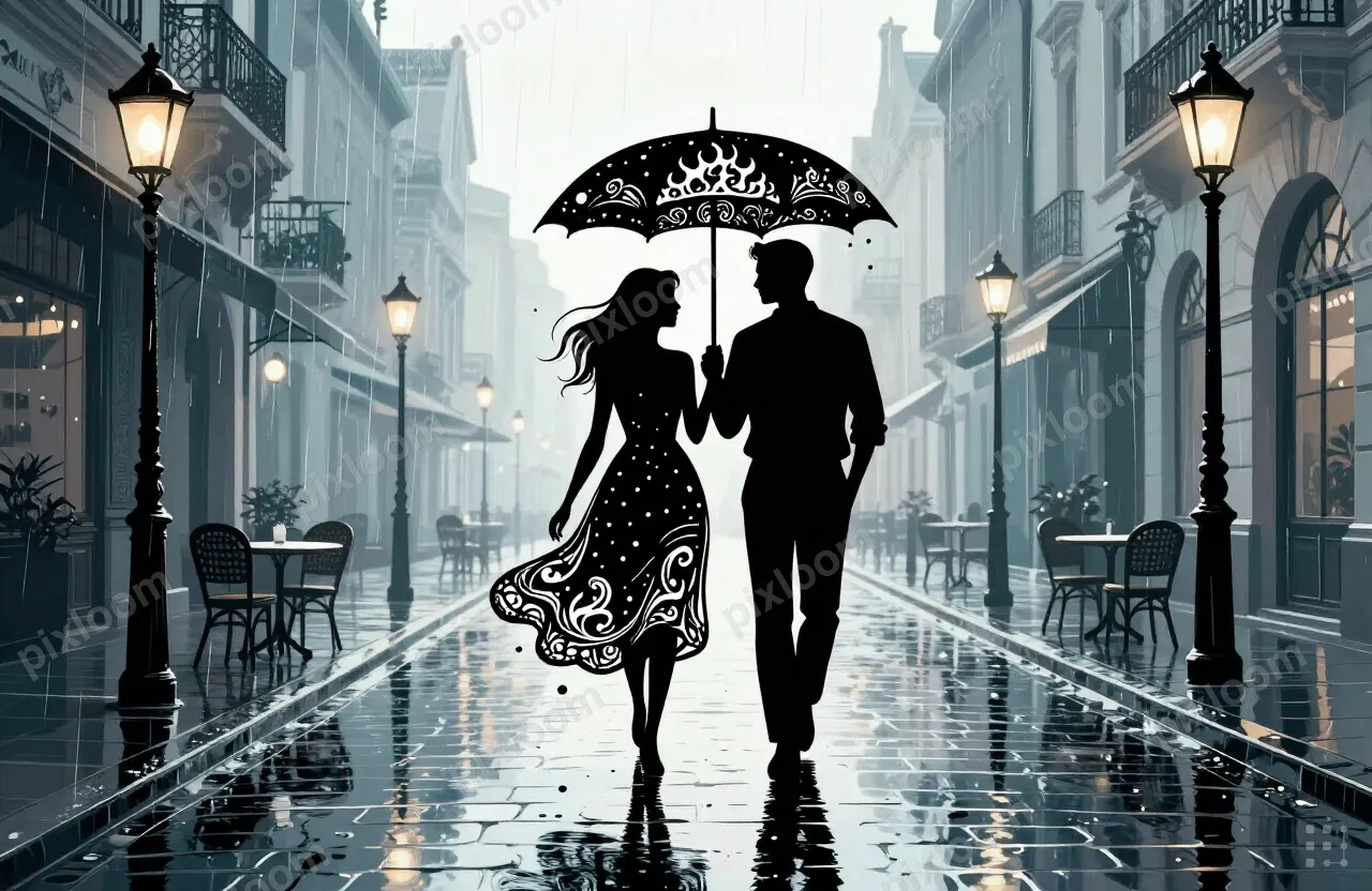 A romantic rainy city street with two people strolling benea