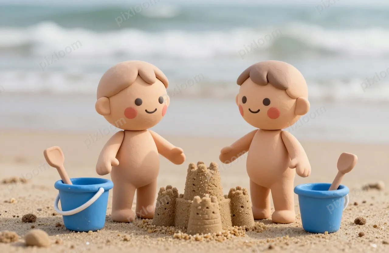 Two children building a sandcastle at the beach, buckets and