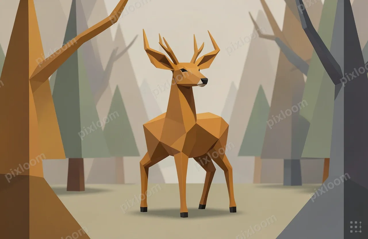 Low-poly deer standing in geometric forest, faceted surfaces